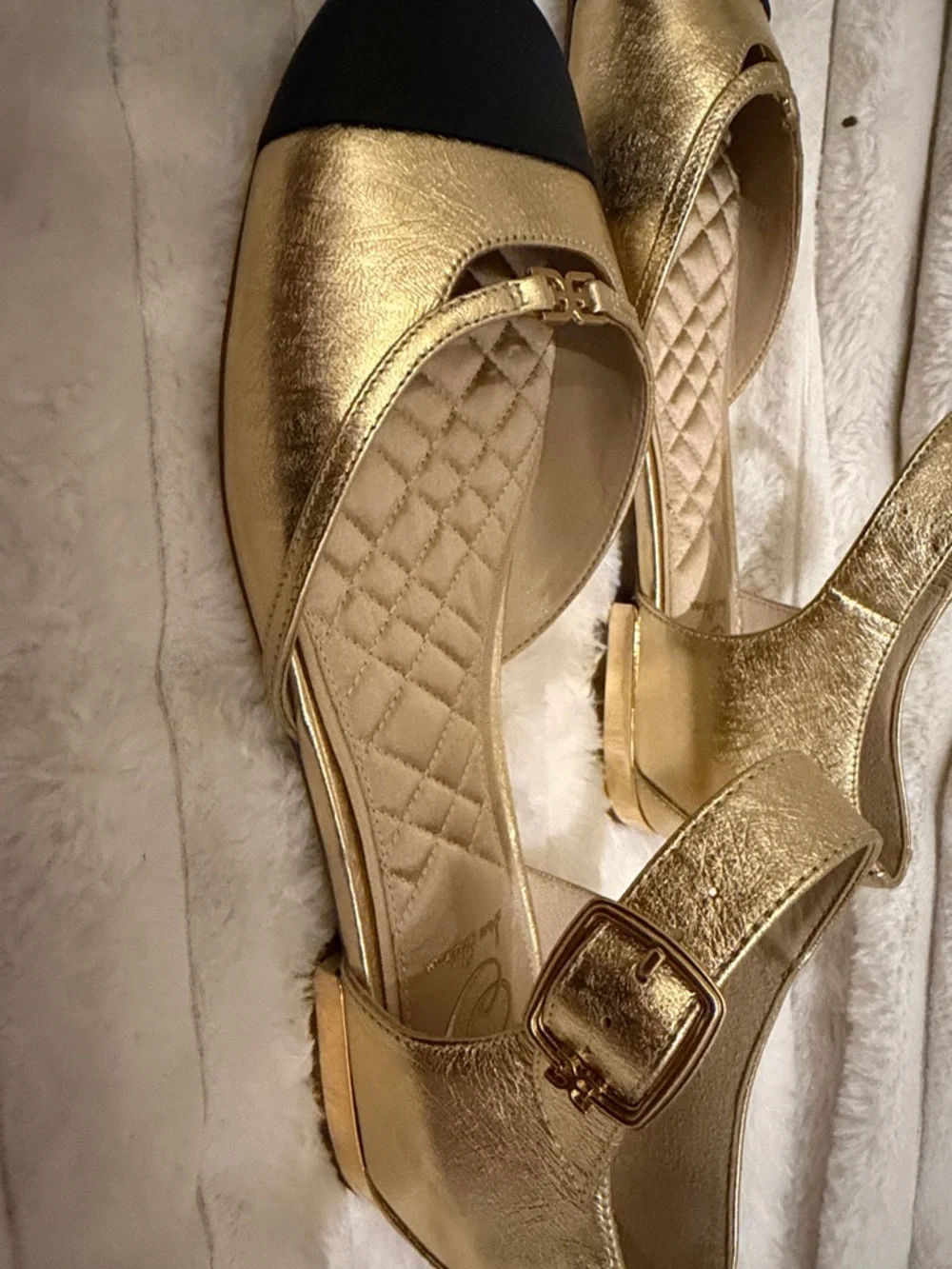 Sam Edelman Gold and Black Quilted Toe-Strap Flats